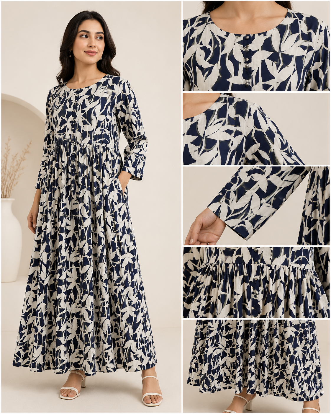 BLM-005 | Boski Linen Ivory Blue Mustard | Maxi Flairy Dress
