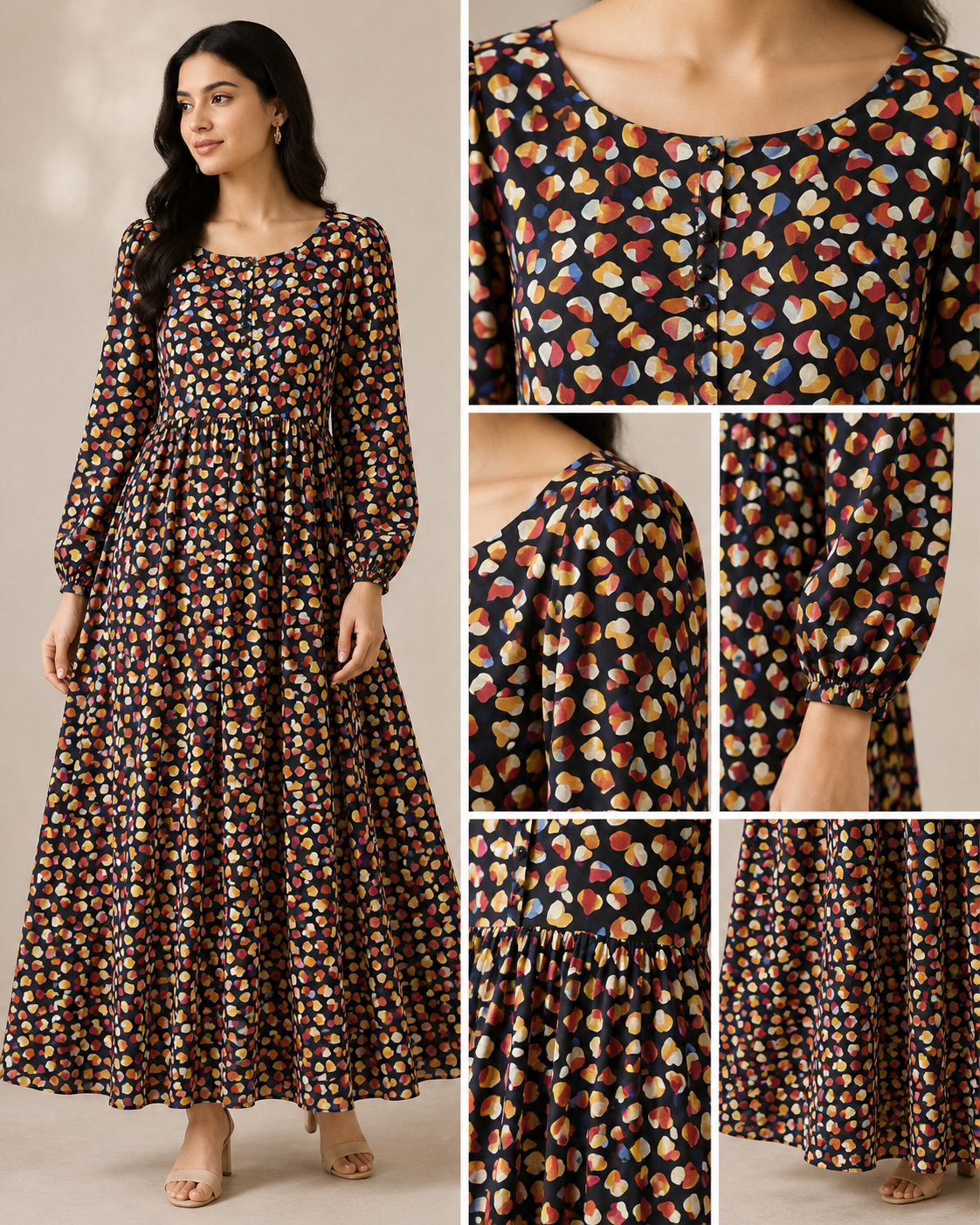 BLM-003 | Boski Linen Black Multi | Maxi Flairy Dress