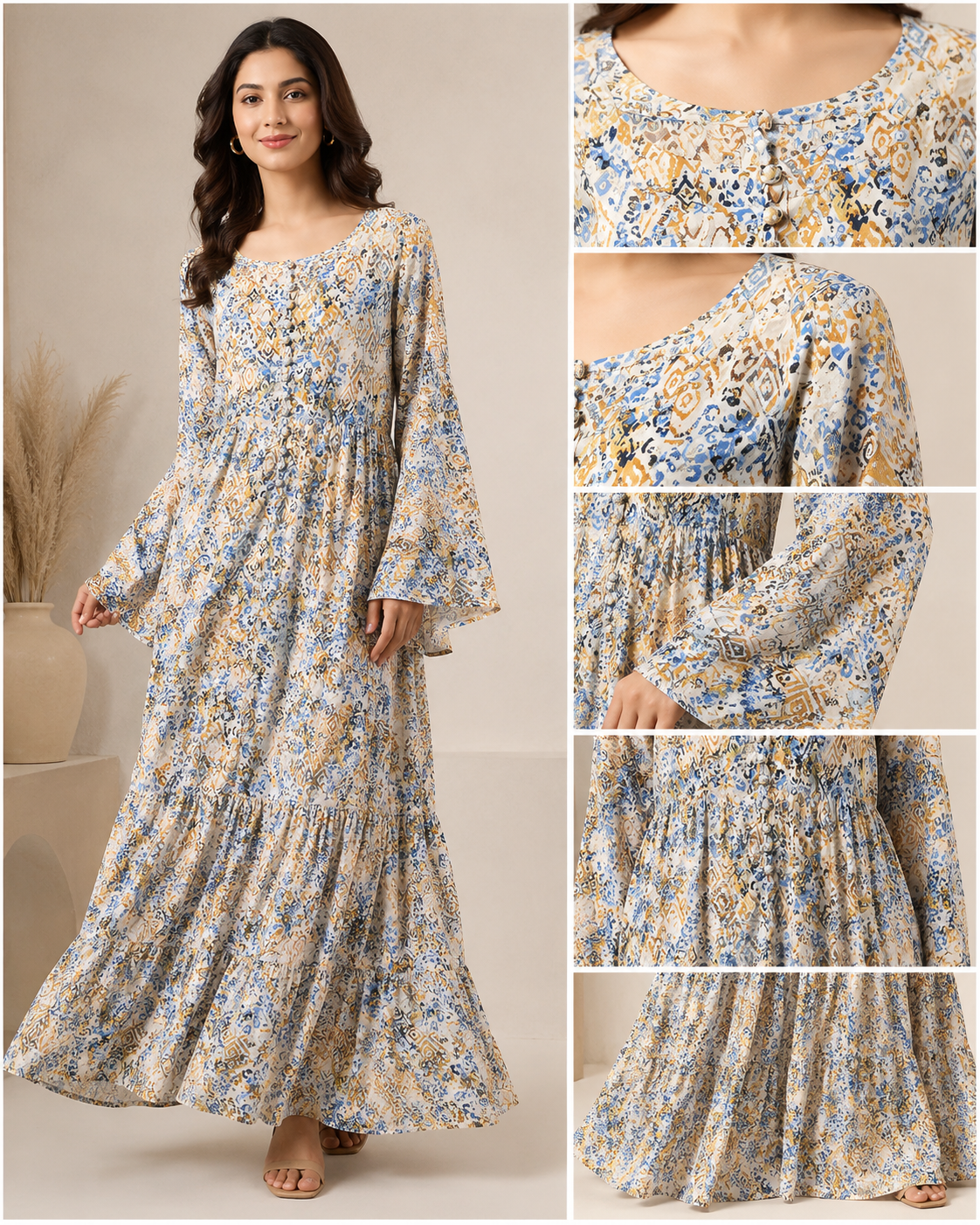BLM-004  | Boski Linen Navy White| Maxi Flairy Dress