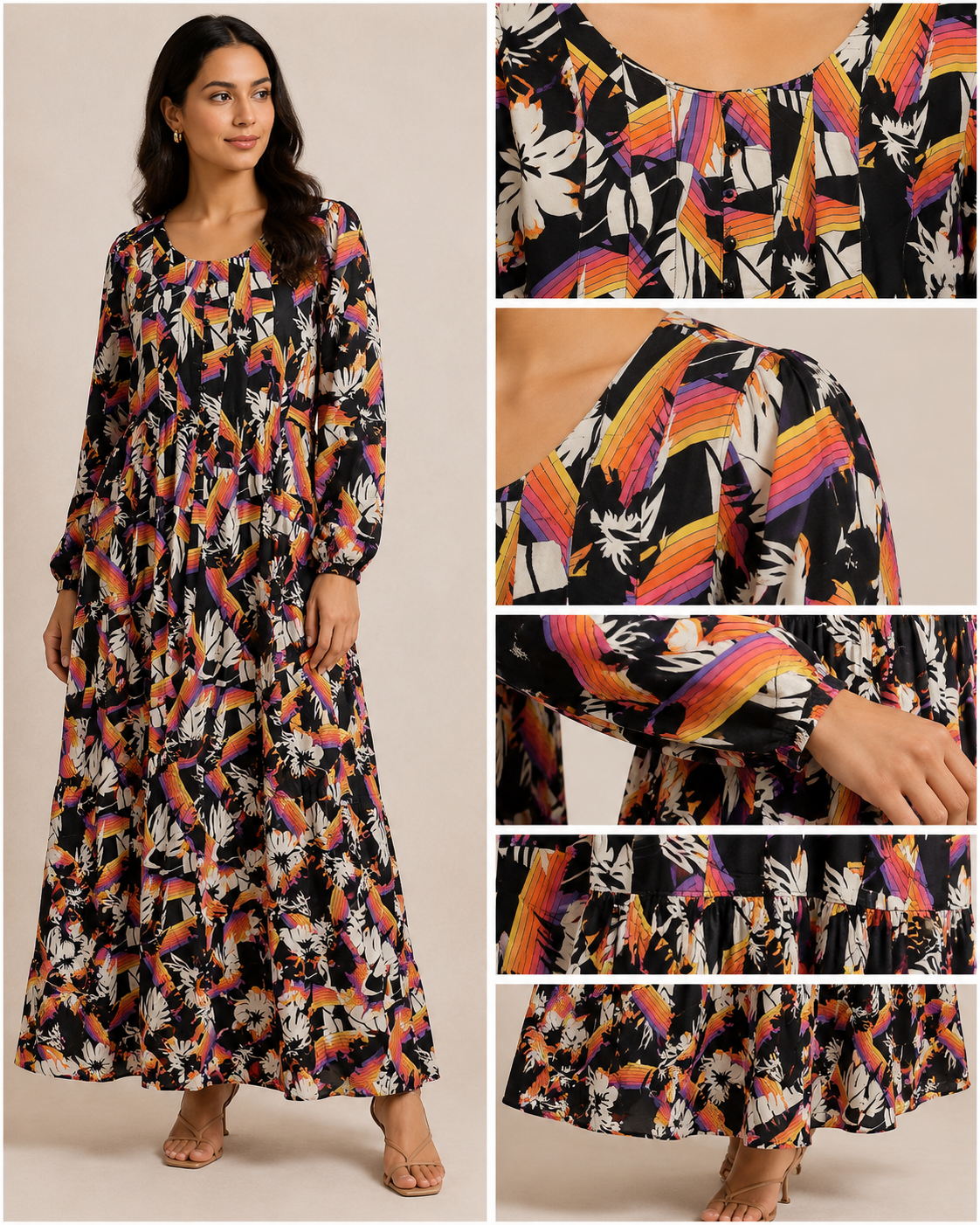 BLM-006 | Boski Linen Black Orange Multi | Maxi Flairy Dress