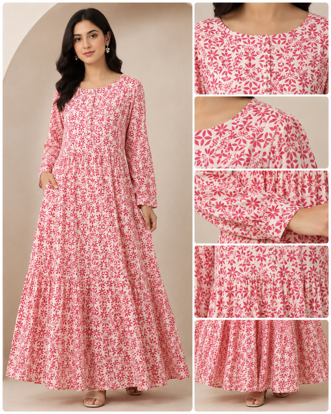 BLM-007 | Boski Linen Pink White | Maxi Flairy Dress