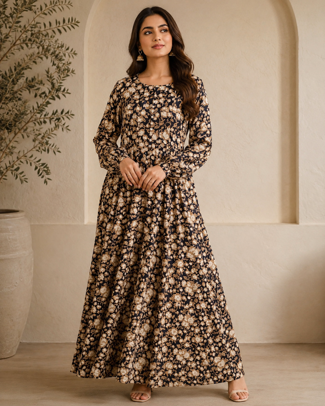 BLM-001 | Boski Linen Black Beige | Maxi Flairy Dress