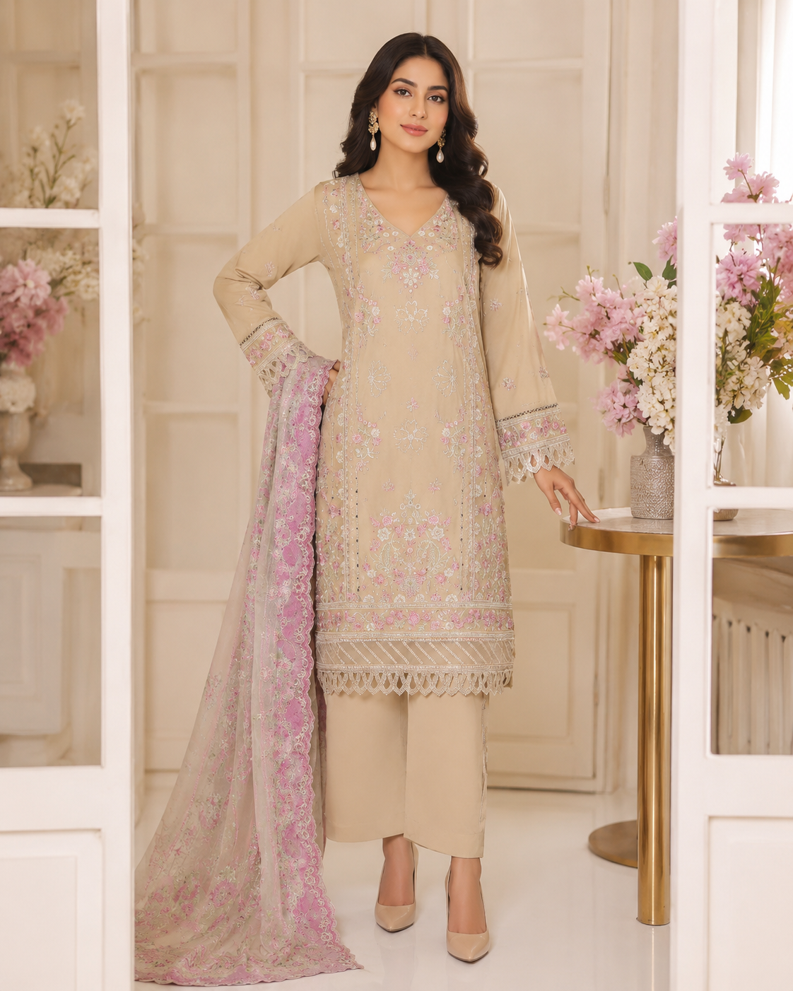 BSL-010 Bin Saeed Luxury Embroidered 3PC Suit - Champagne Beige