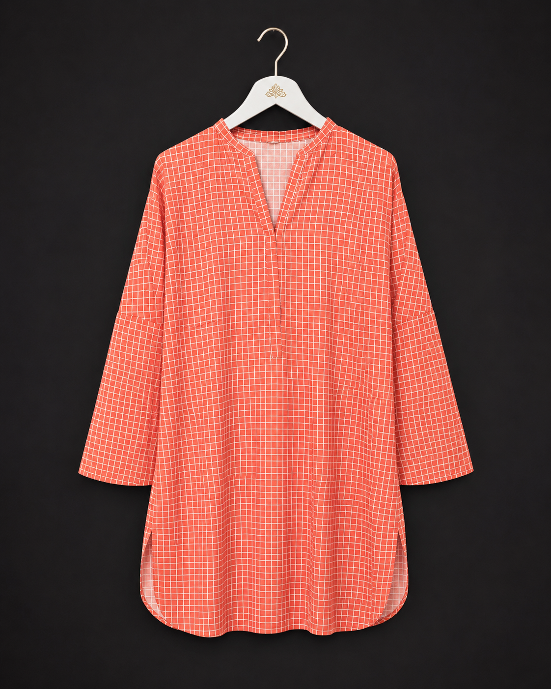 LK-006 Coral Orange Check Linen XXL Kurti