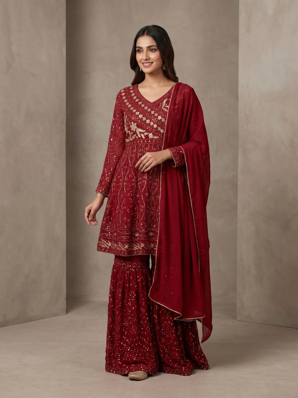 BM-CH-037 - Embroidered Chiffon Gharara 3 Piece Suit