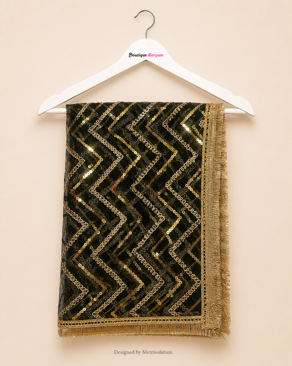 DUP-012 - Dark Olive Noor-e-Riwaayat Chevron Net Dupatta