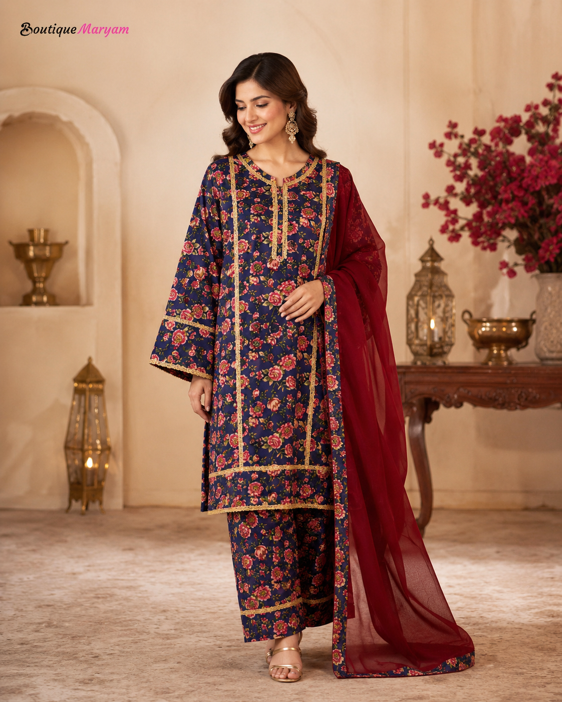 BM-LD-012 Navy & Maroon Linen Trouser Shirt & Chiffon Dupatta - 3 Piece