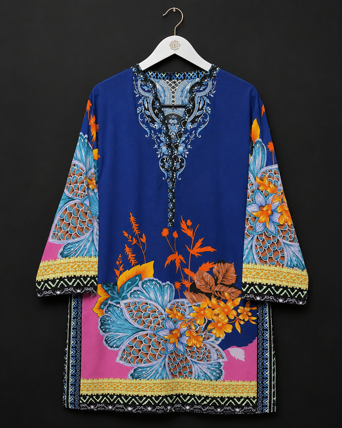 LK-012 Royal Blue Floral Linen XXL Kurti
