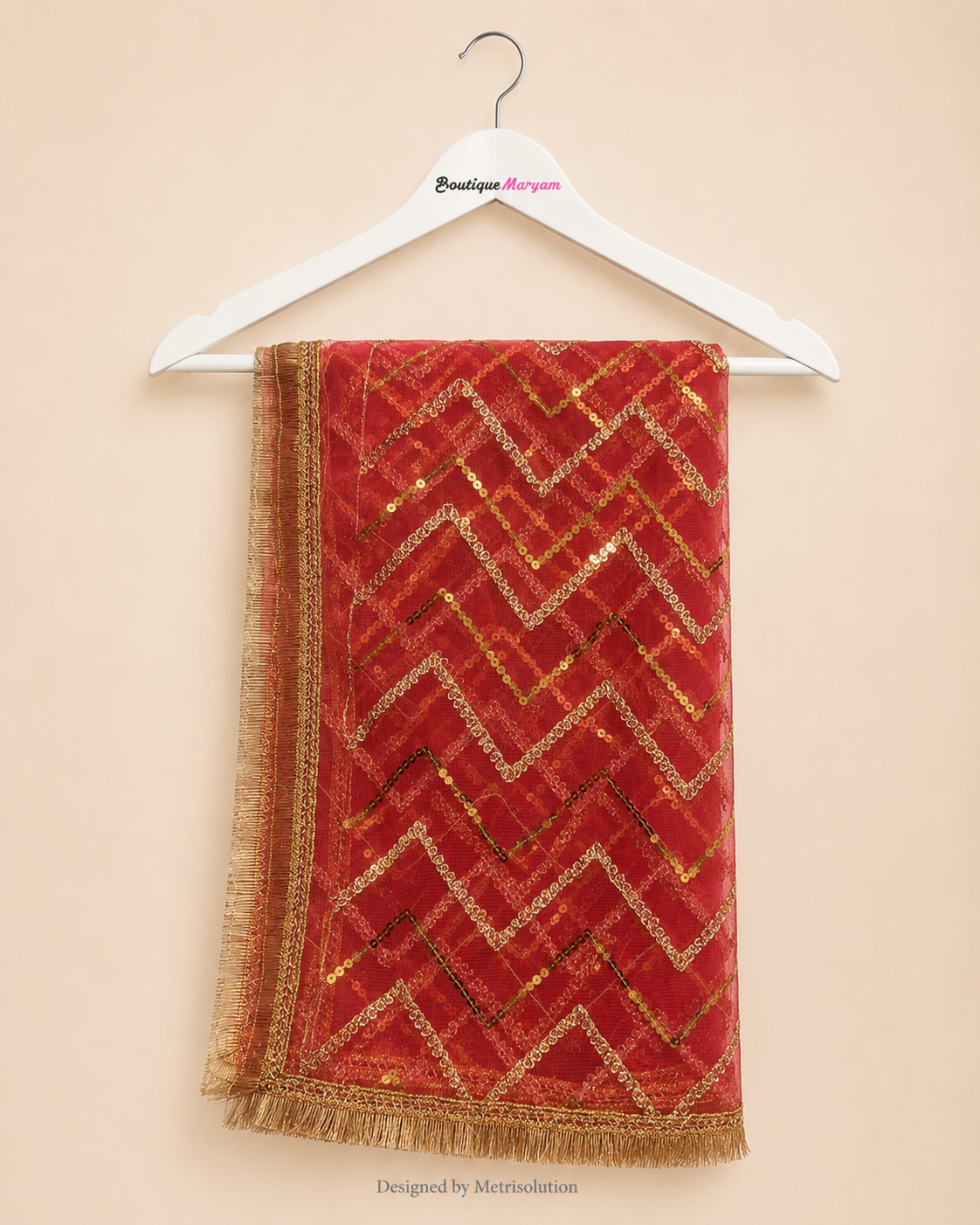 DUP-013 - Coral Red Noor-e-Riwaayat Chevron Net Dupatta