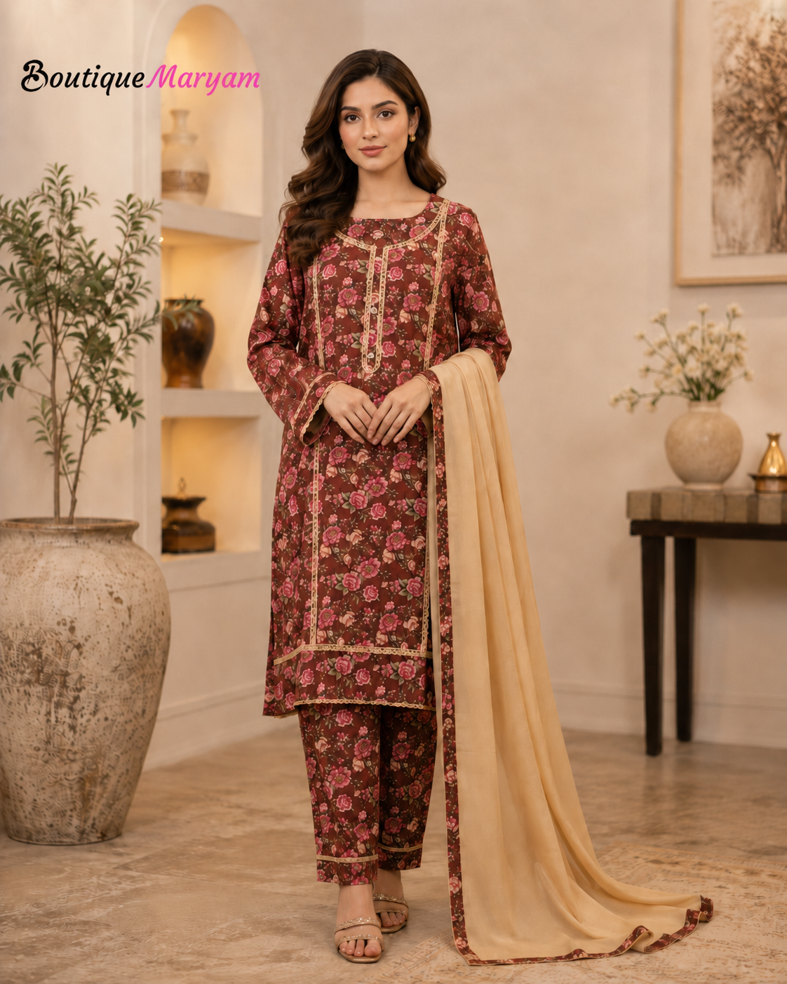 BM-LD-013 Brown & Beige Linen Trouser Shirt & Chiffon Dupatta - 3 Piece
