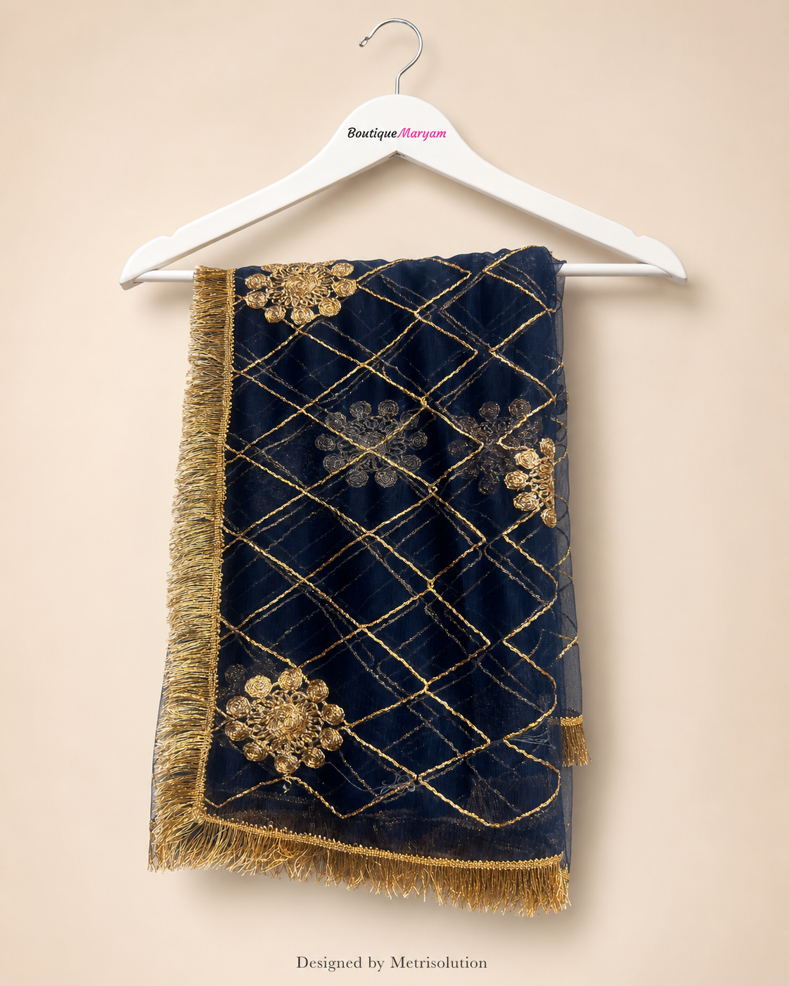 DUP-016 - Navy Blue Noor-e-Riwaayat Floral Net Dupatta