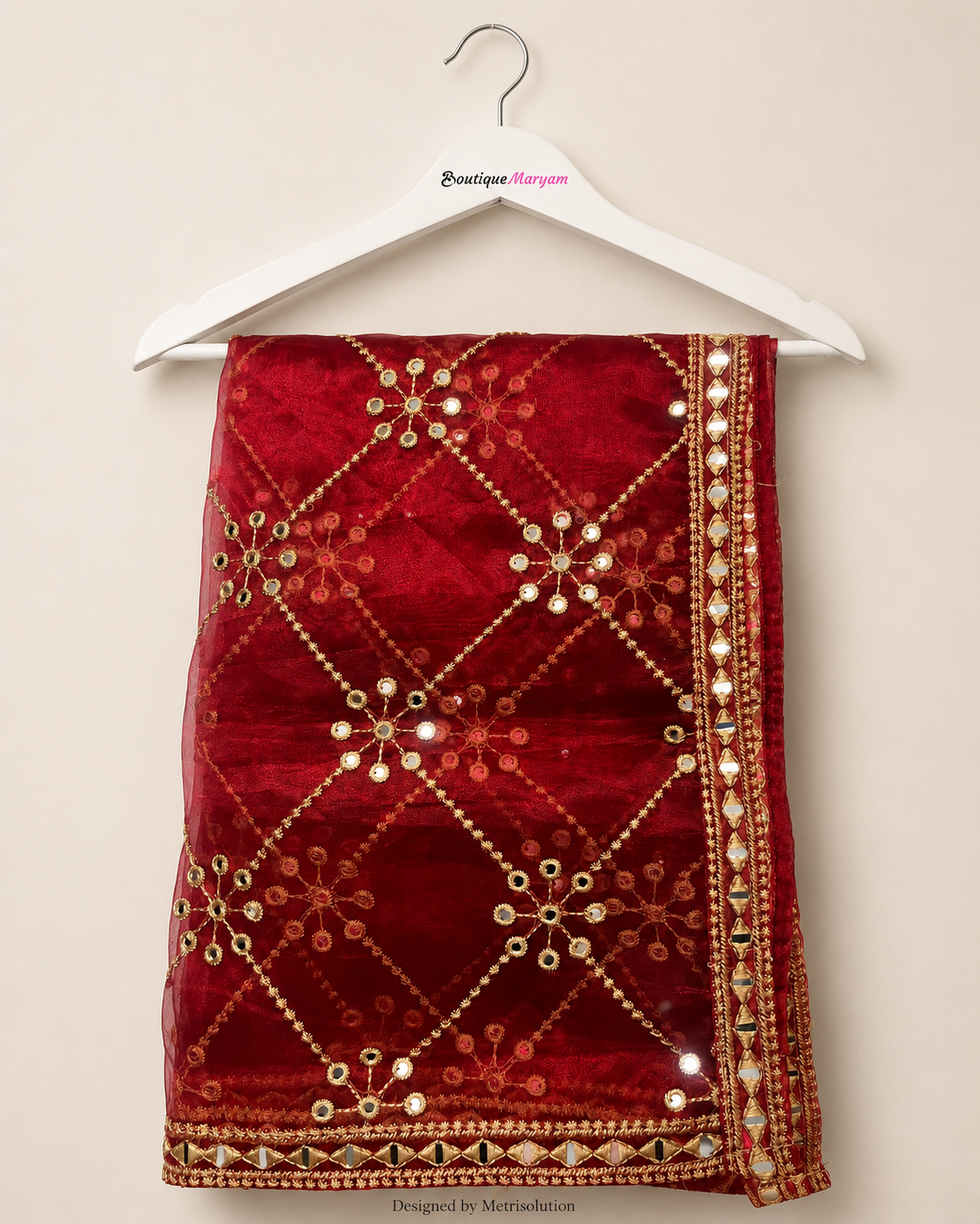 DUP-019 - Ruby Red Noor-e-Riwaayat Sheesha Work Dupatta