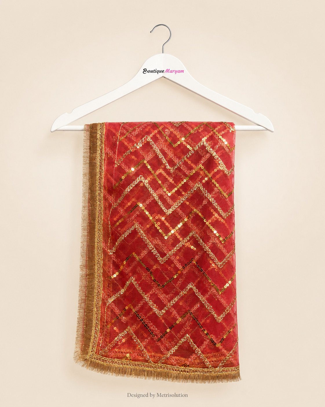 DUP-001 - Coral Red Noor-e-Riwaayat Chevron Net Dupatta