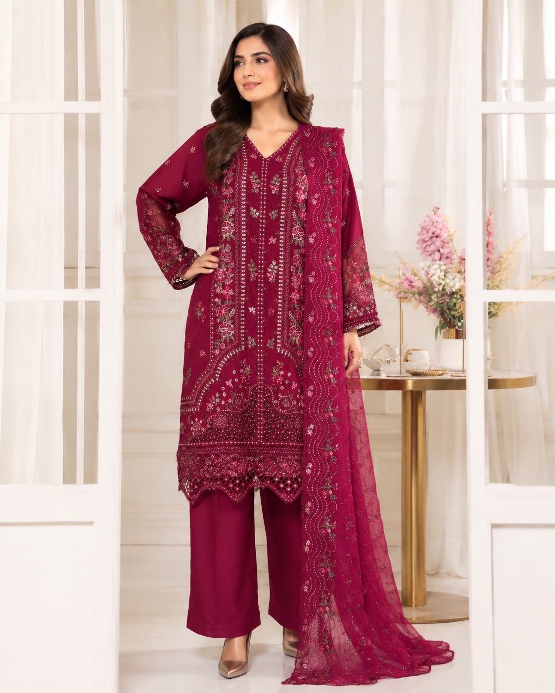 BSL-001 Bin Saeed Luxury Embroidered 3PC Suit - Deep Rani Pink