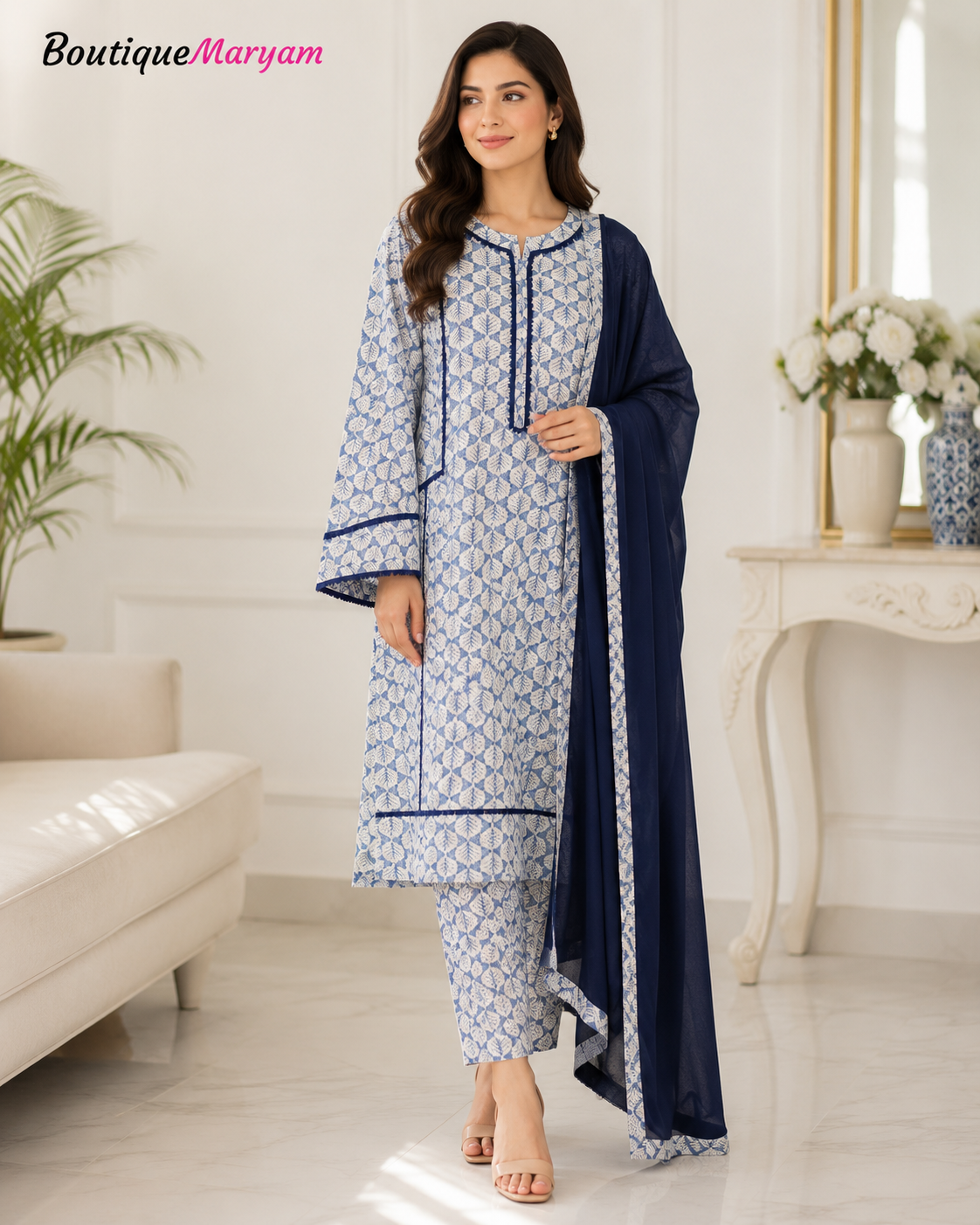 BM-LD-001 Light Blue & Navy Linen Trouser Shirt & Chiffon Dupatta - 3 Piece