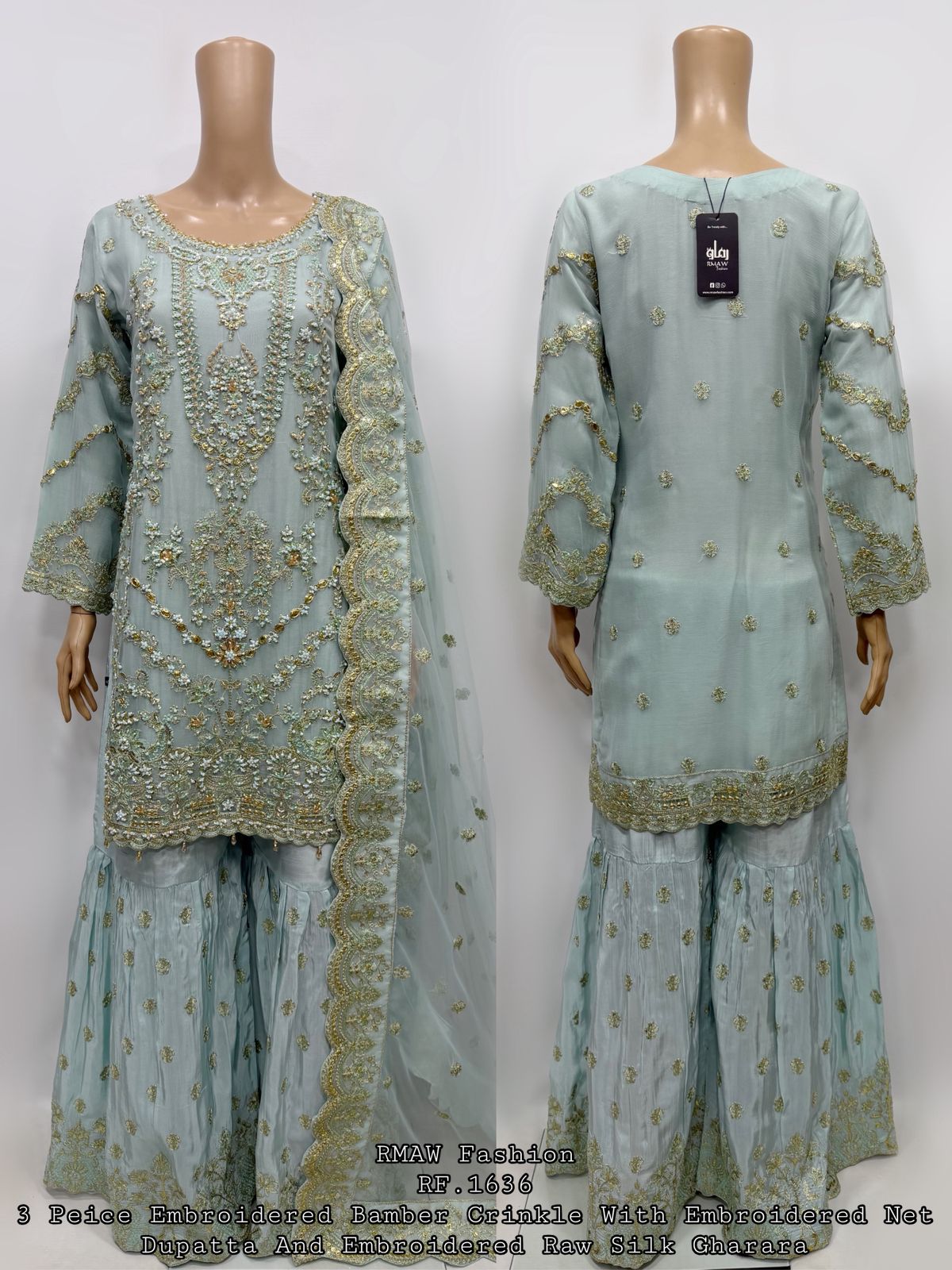 RM-01 - Sea Green - RMAW RF1636 Embroidered 3 Piece Gharara Set