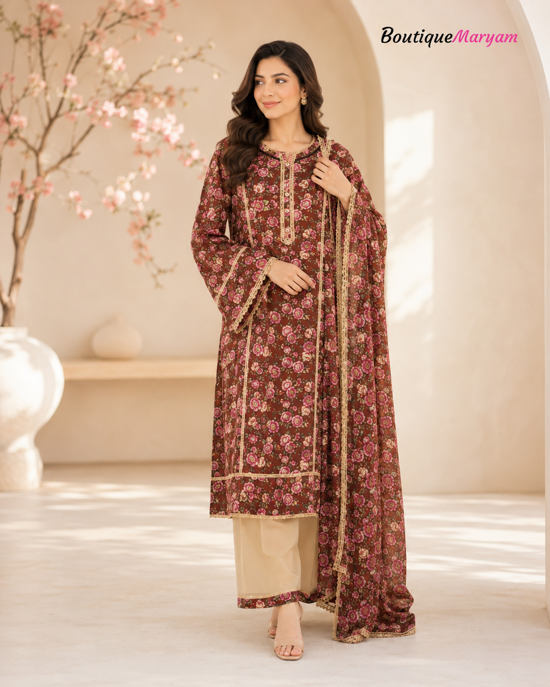 BM-LD-002 Brown & Beige Linen Trouser Shirt & Chiffon Dupatta - 3 Piece