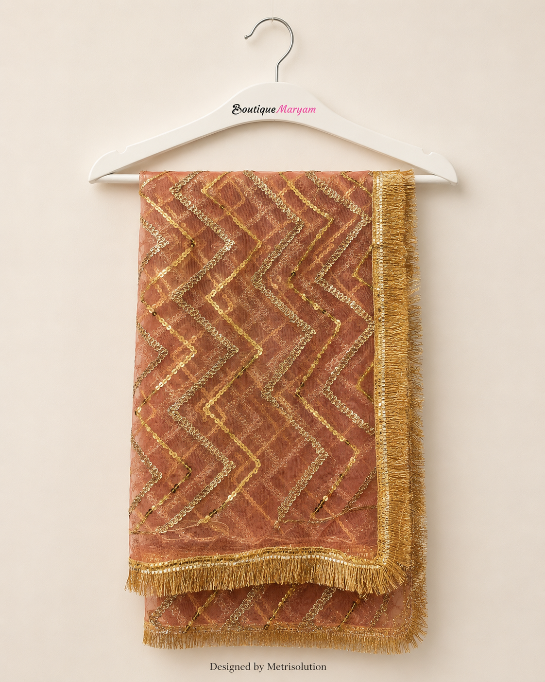 DUP-002 - Dusty Peach Noor-e-Riwaayat Chevron Net Dupatta