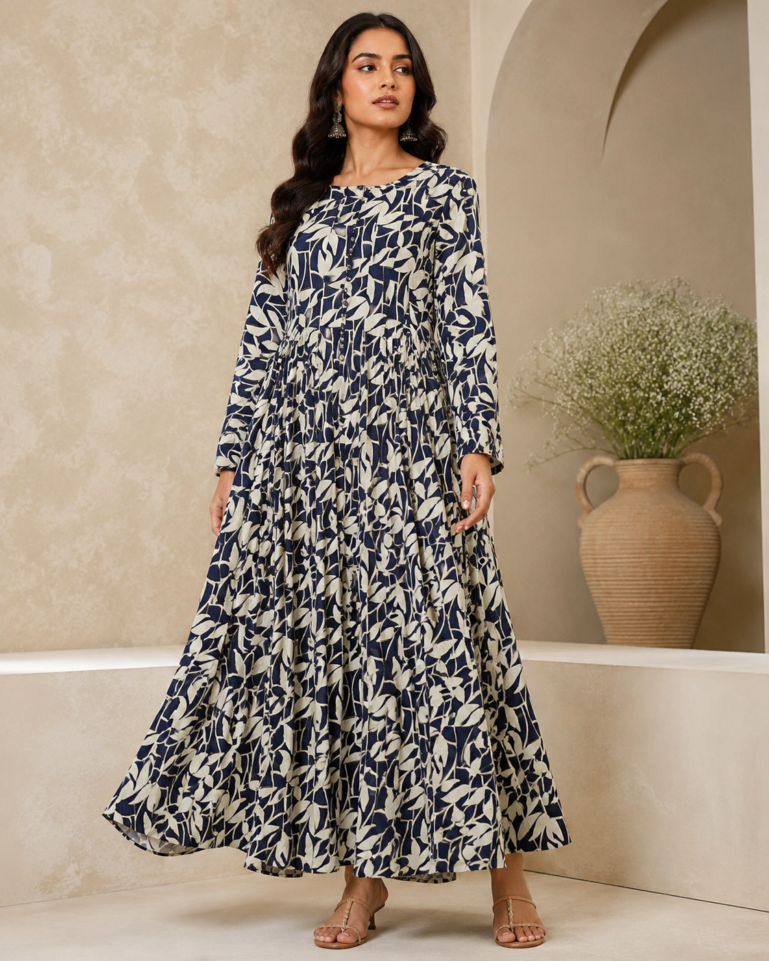 BLM-005 | Boski Linen Ivory Blue Mustard | Maxi Flairy Dress