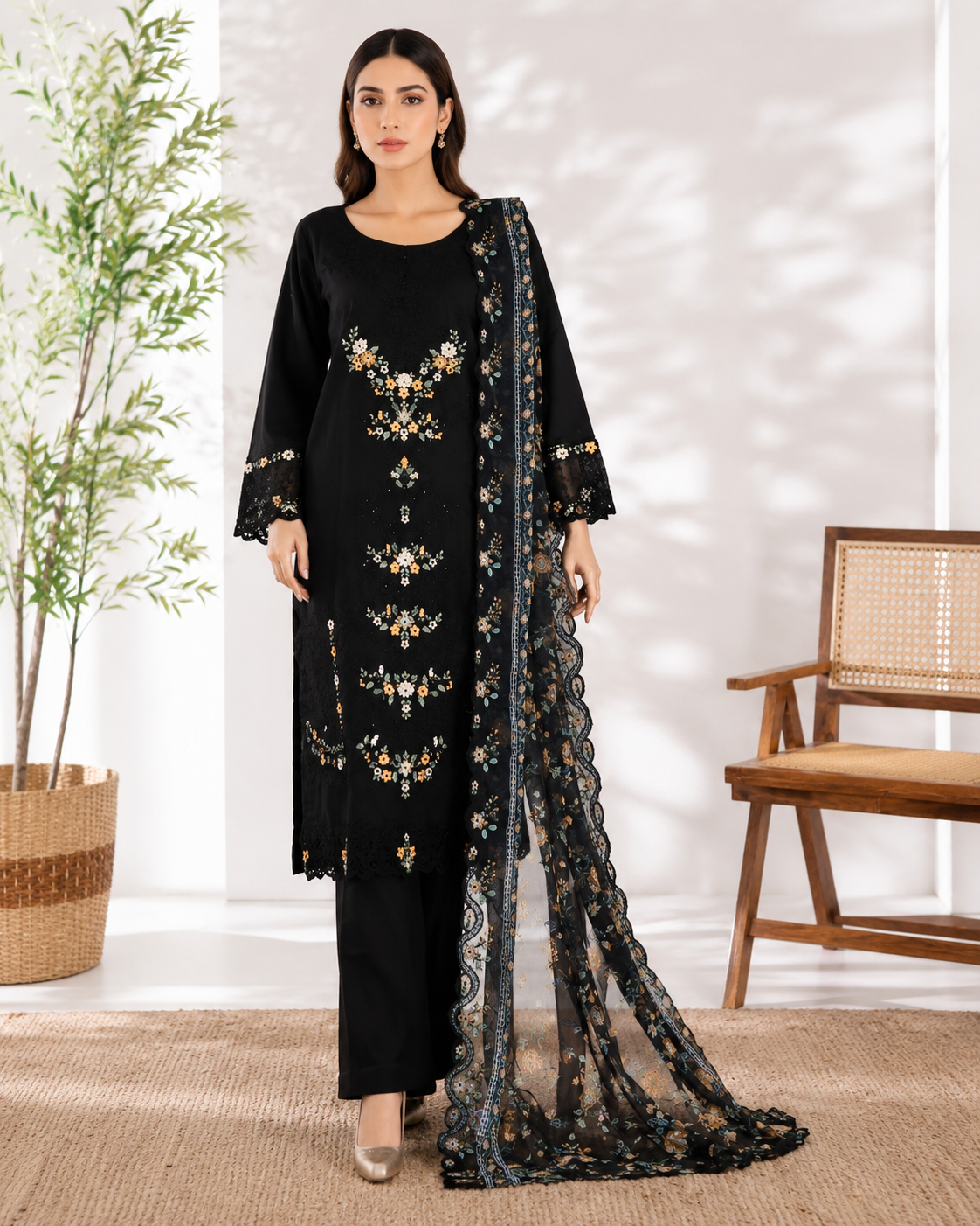 BSL-002 Bin Saeed Luxury Embroidered 3PC Suit - Classic Black