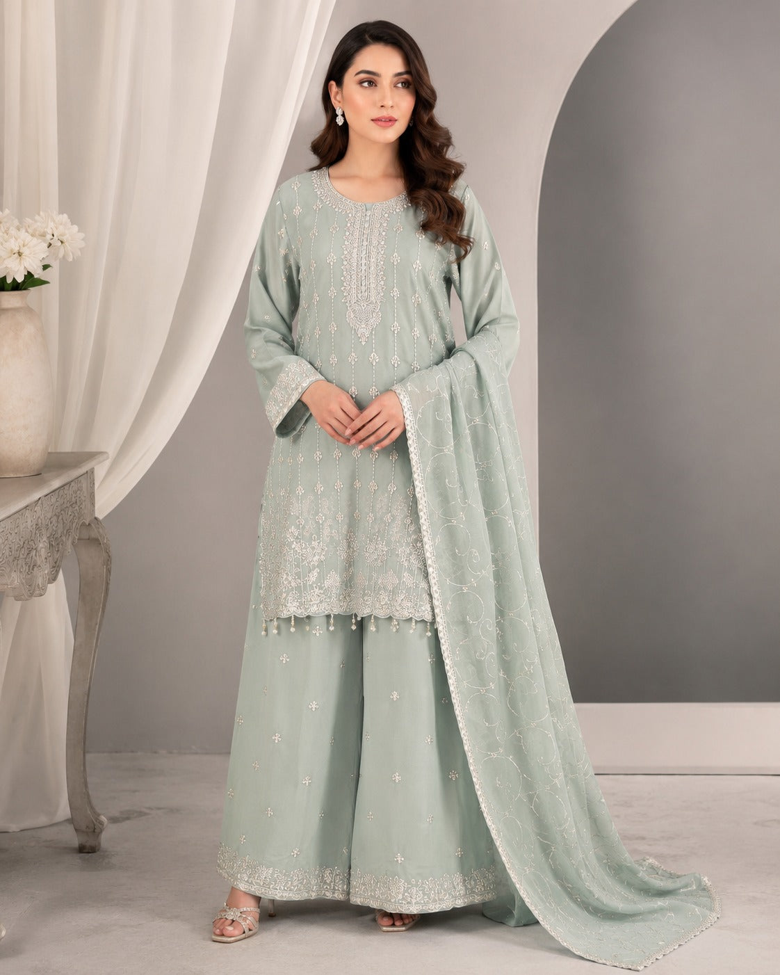BM-CH-002 - Pearl Embroidered Chiffon Palazzo 3 Piece Suit
