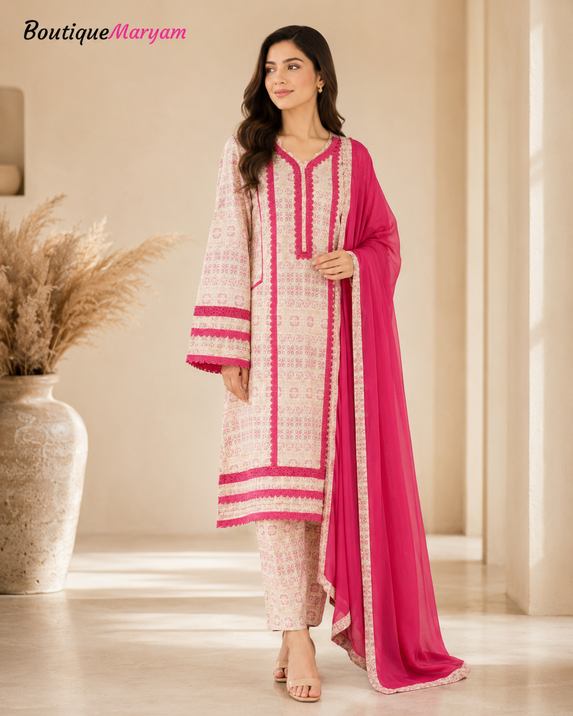BM-LD-003 Ivory & Pink Linen Trouser Shirt & Chiffon Dupatta - 3 Piece