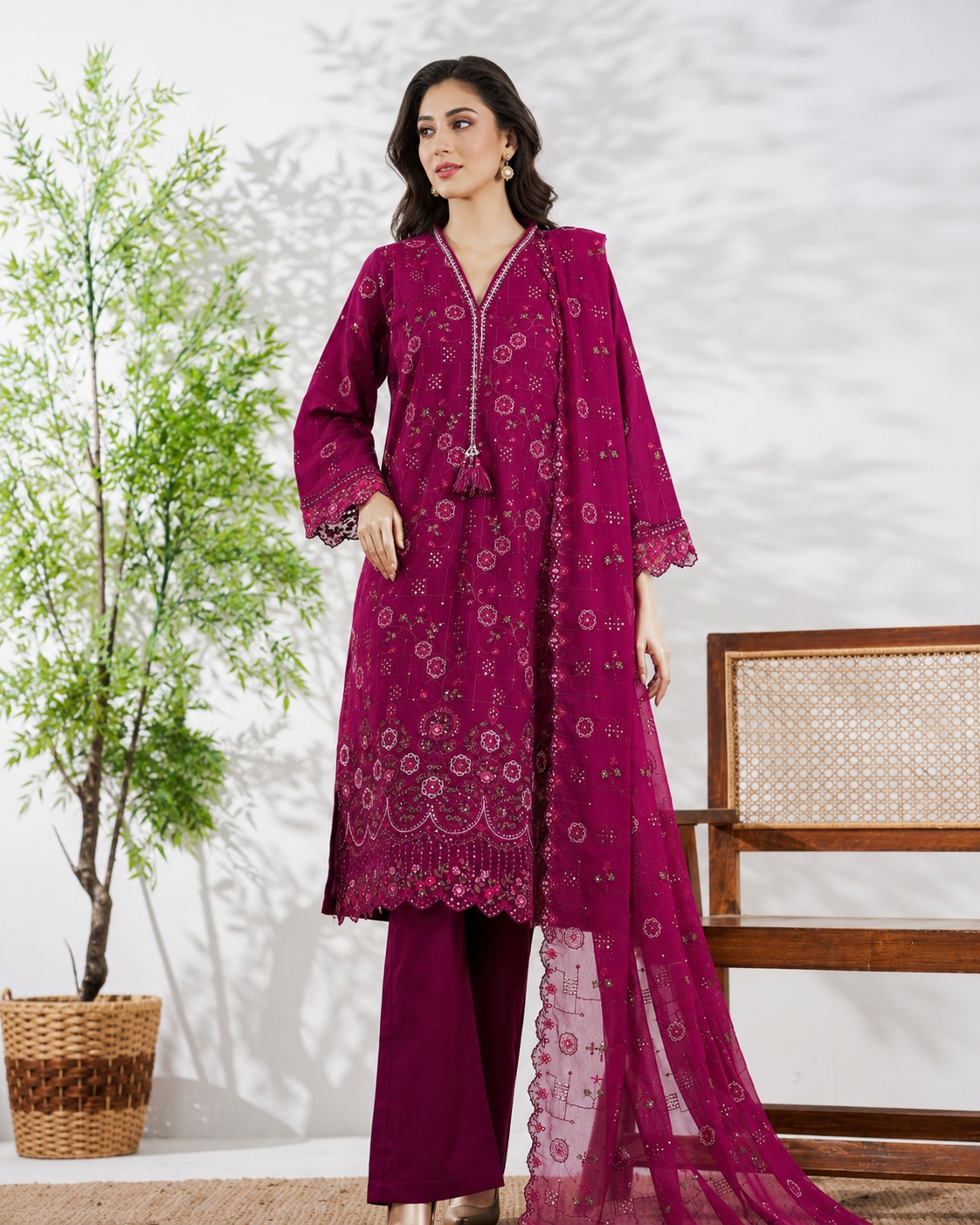 BSL-003 Bin Saeed Luxury Embroidered 3PC Suit - Magenta