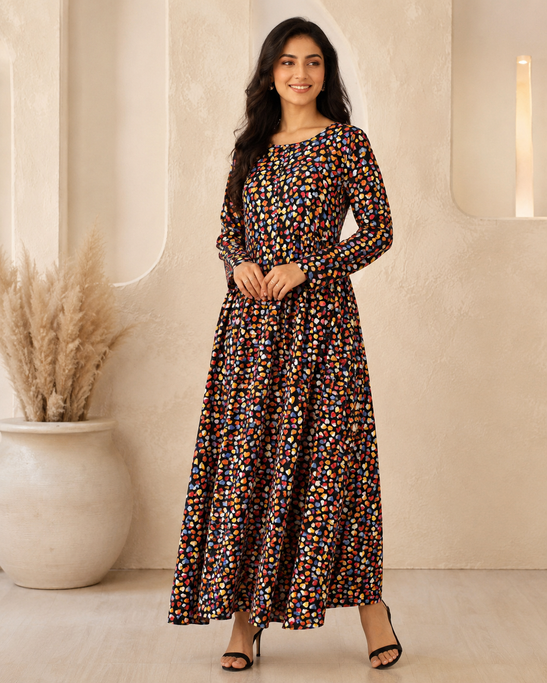 BLM-003 | Boski Linen Black Multi | Maxi Flairy Dress
