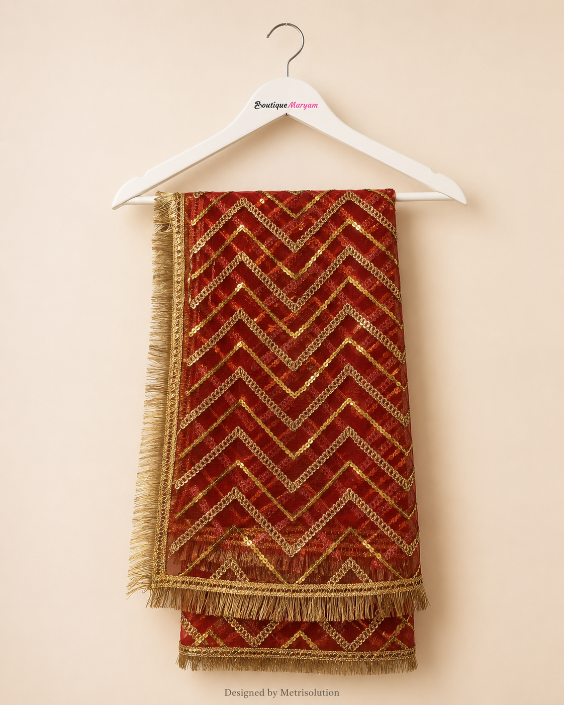 DUP-003 - Deep Red Noor-e-Riwaayat Chevron Net Dupatta