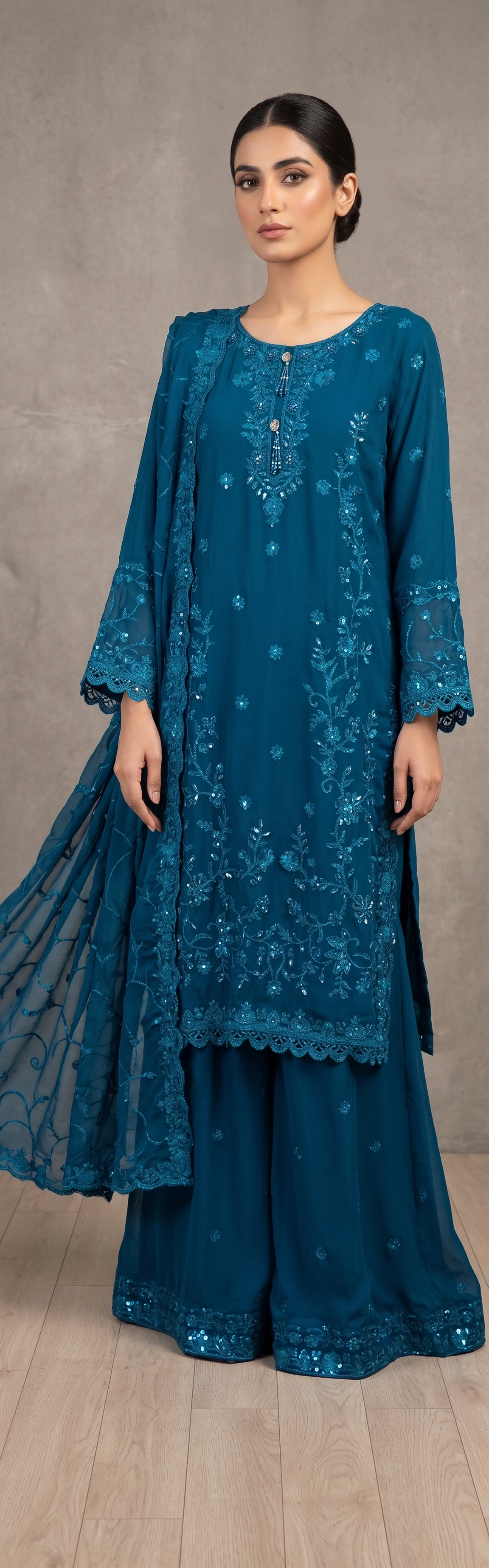PEC-01 Premium Embroidered Chiffon Ensemble – Exquisite Thread Work & Hand-Placed Embellishments
