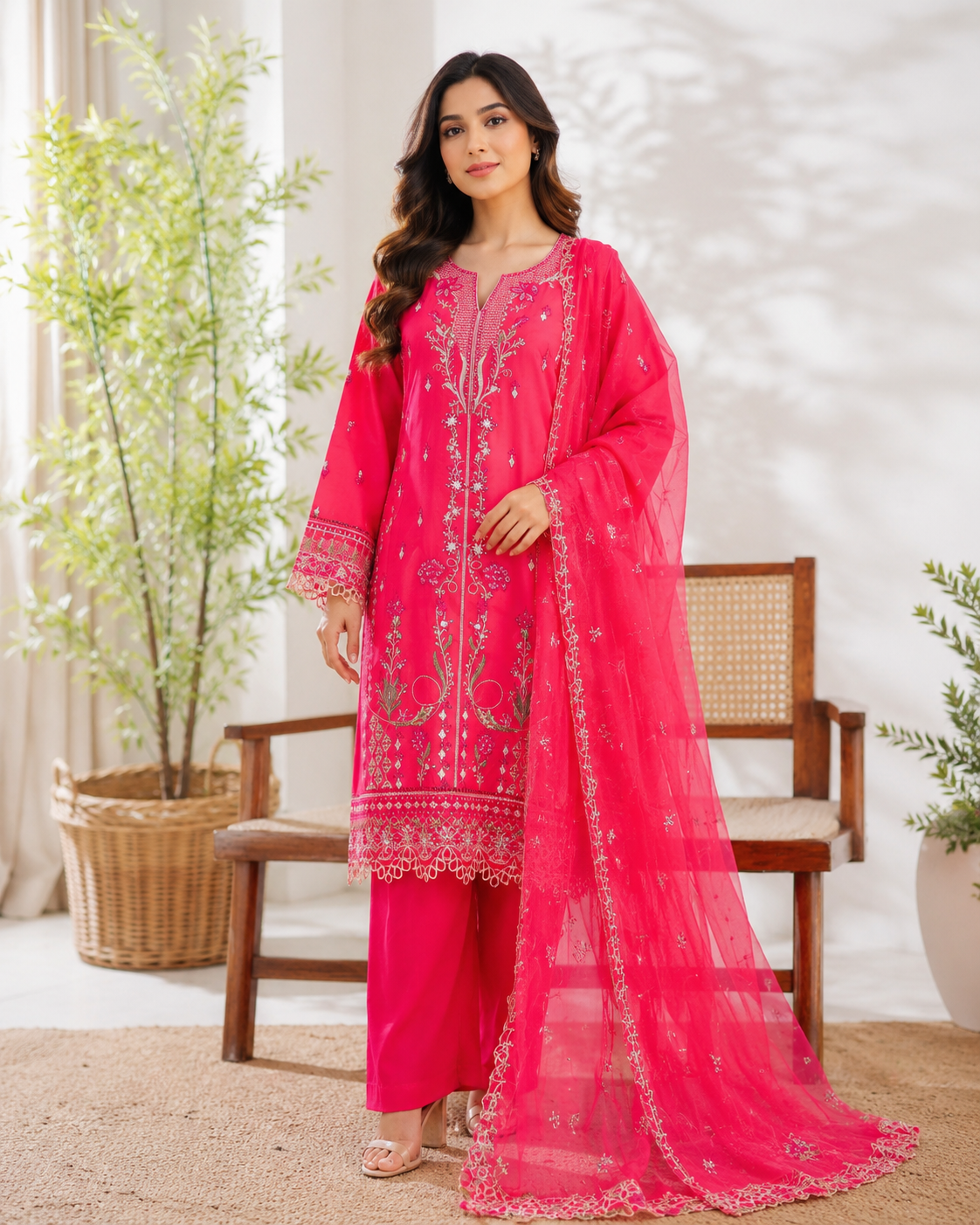 BSL-004 Bin Saeed Luxury Embroidered 3PC Suit - Hot Pink