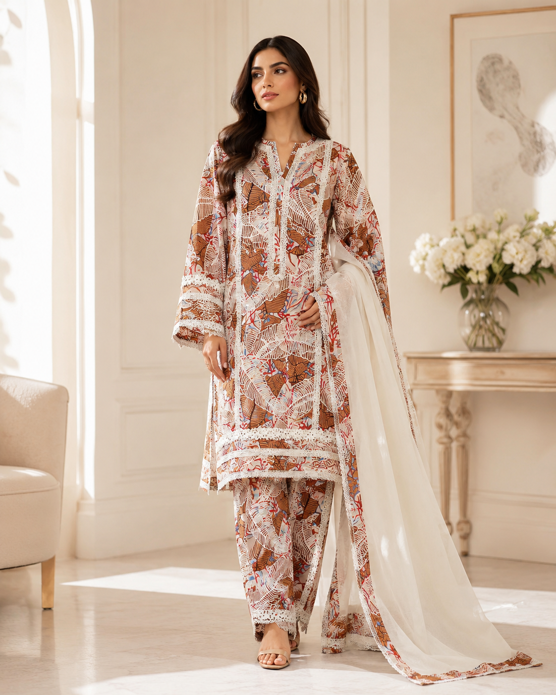 BM-LD-004 Ivory & Rust Linen Trouser Shirt & Chiffon Dupatta - 3 Piece