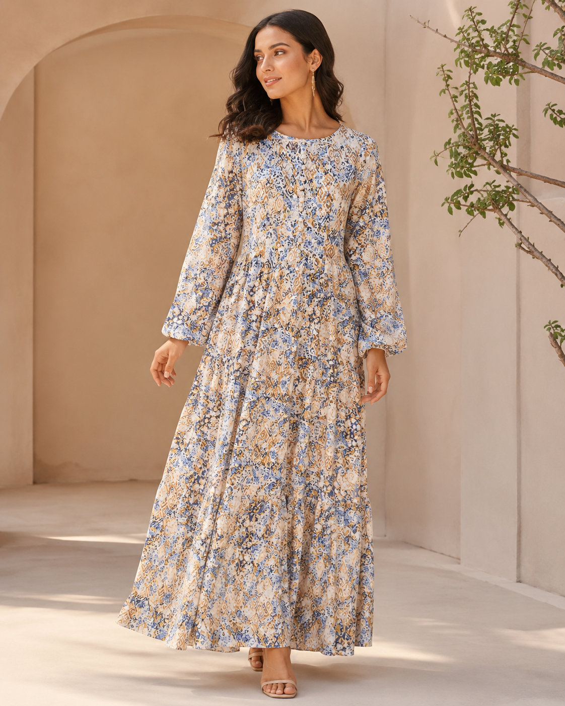 BLM-004  | Boski Linen Navy White| Maxi Flairy Dress