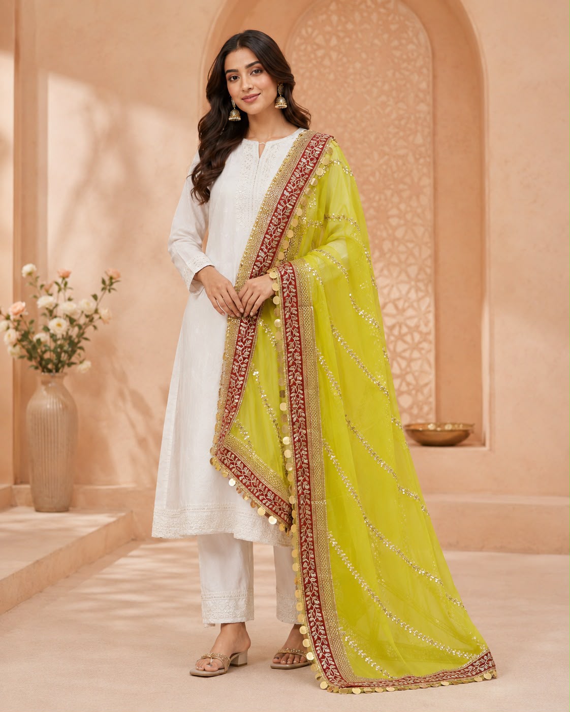 DP-01 Parrot Green Gota Mirror Work Festive Dupatta