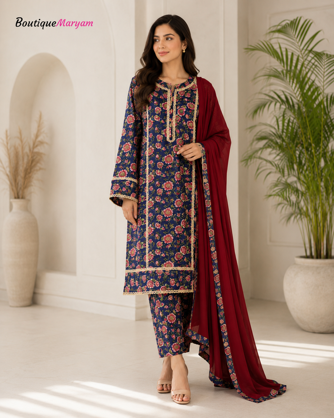 BM-LD-005 Navy & Maroon Linen Trouser Shirt & Chiffon Dupatta - 3 Piece