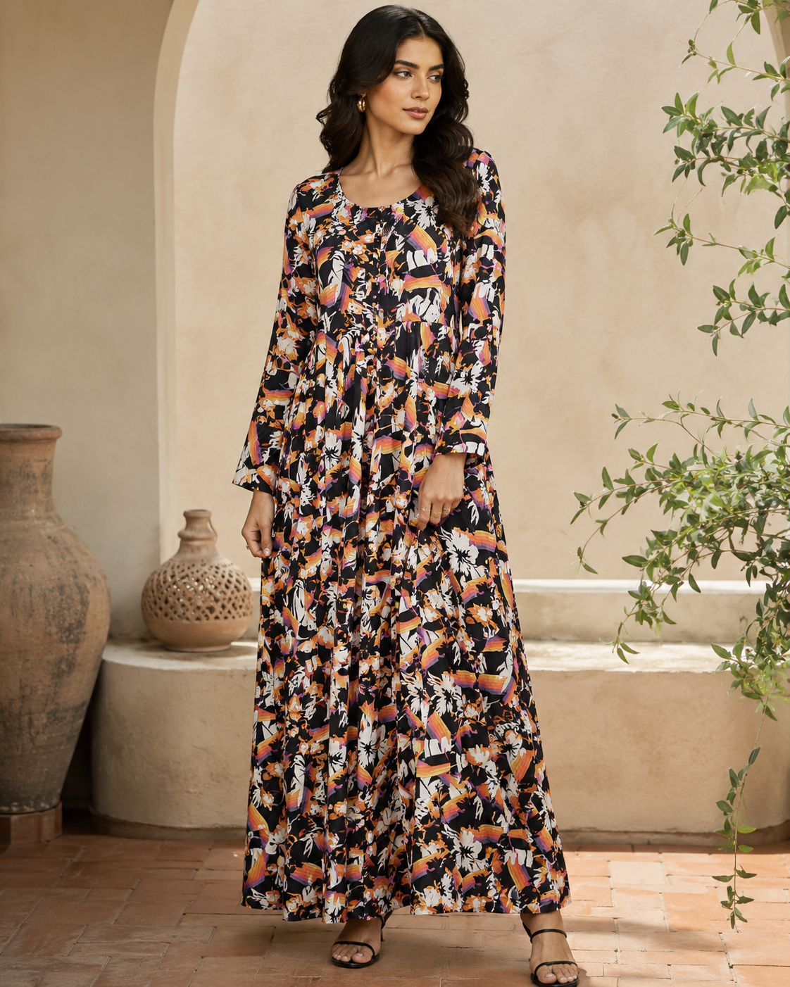 BLM-006 | Boski Linen Black Orange Multi | Maxi Flairy Dress