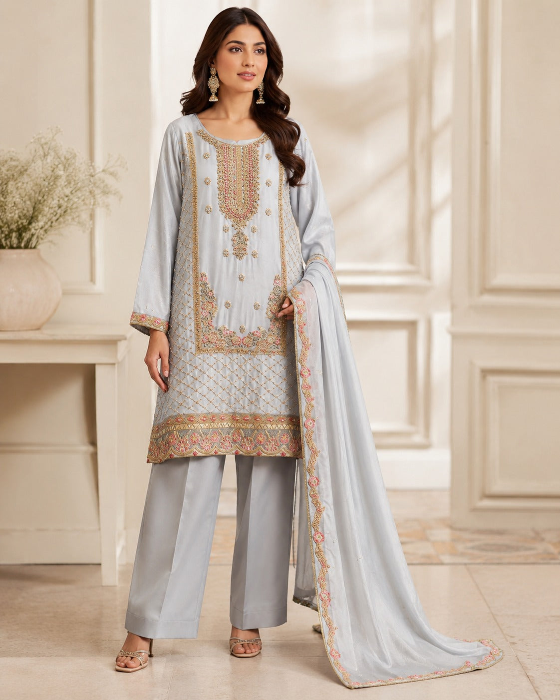 BM-CH-039 - Embroidered Chiffon 3 Piece Suit