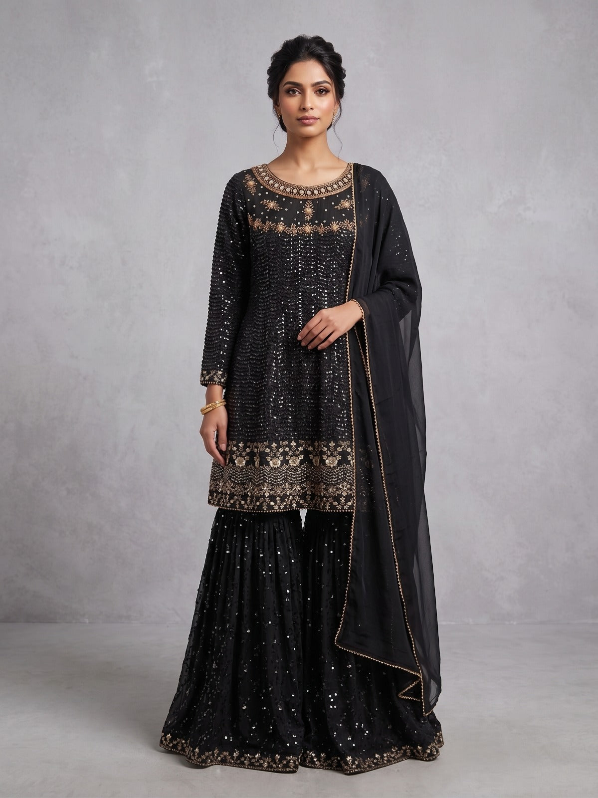 BM-CH-038 - Sequin Embroidered Chiffon Gharara 3 Piece Suit