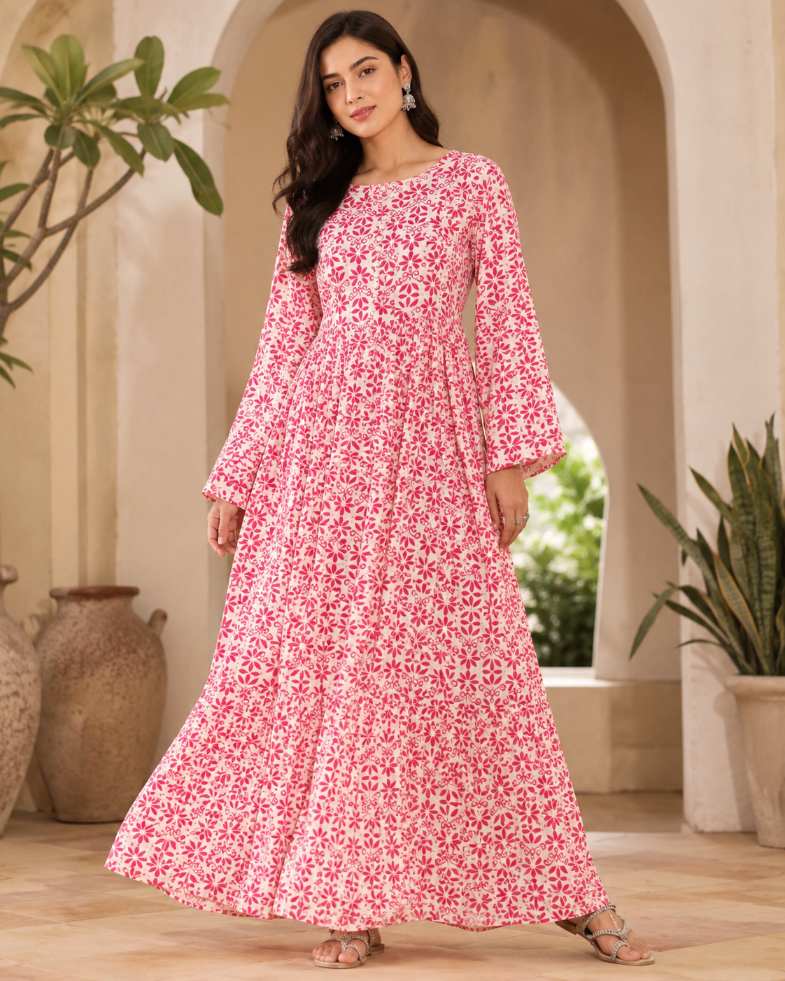 BLM-007 | Boski Linen Pink White | Maxi Flairy Dress