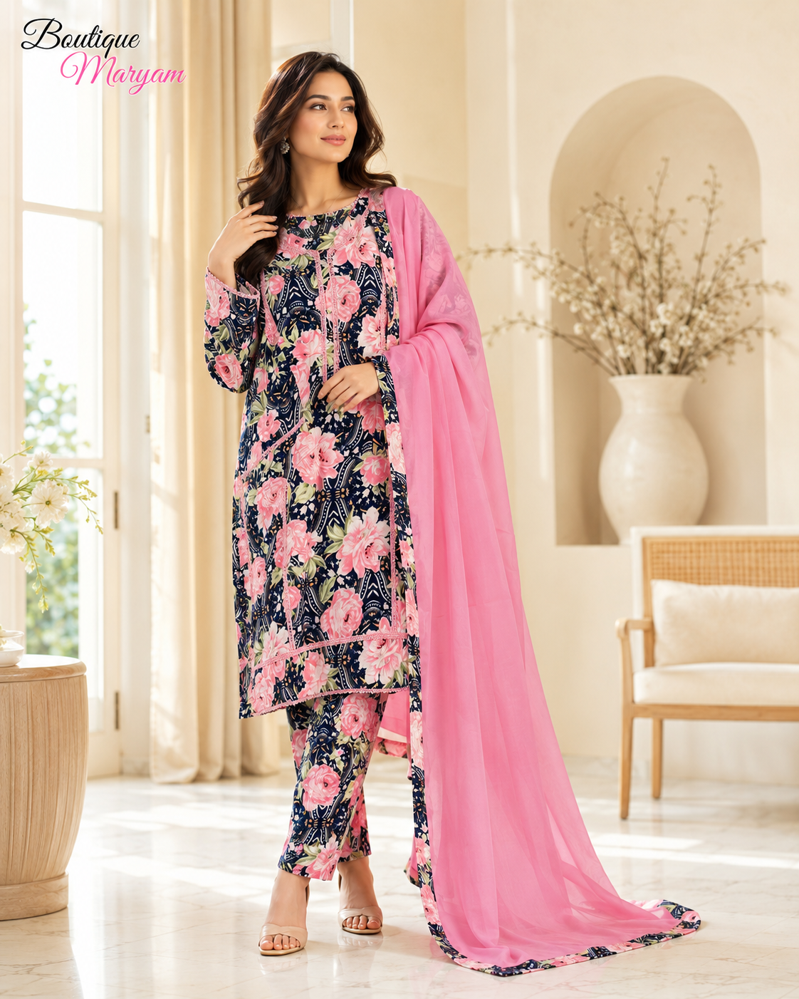 BM-LD-006 Navy & Pink Linen Trouser Shirt & Chiffon Dupatta - 3 Piece