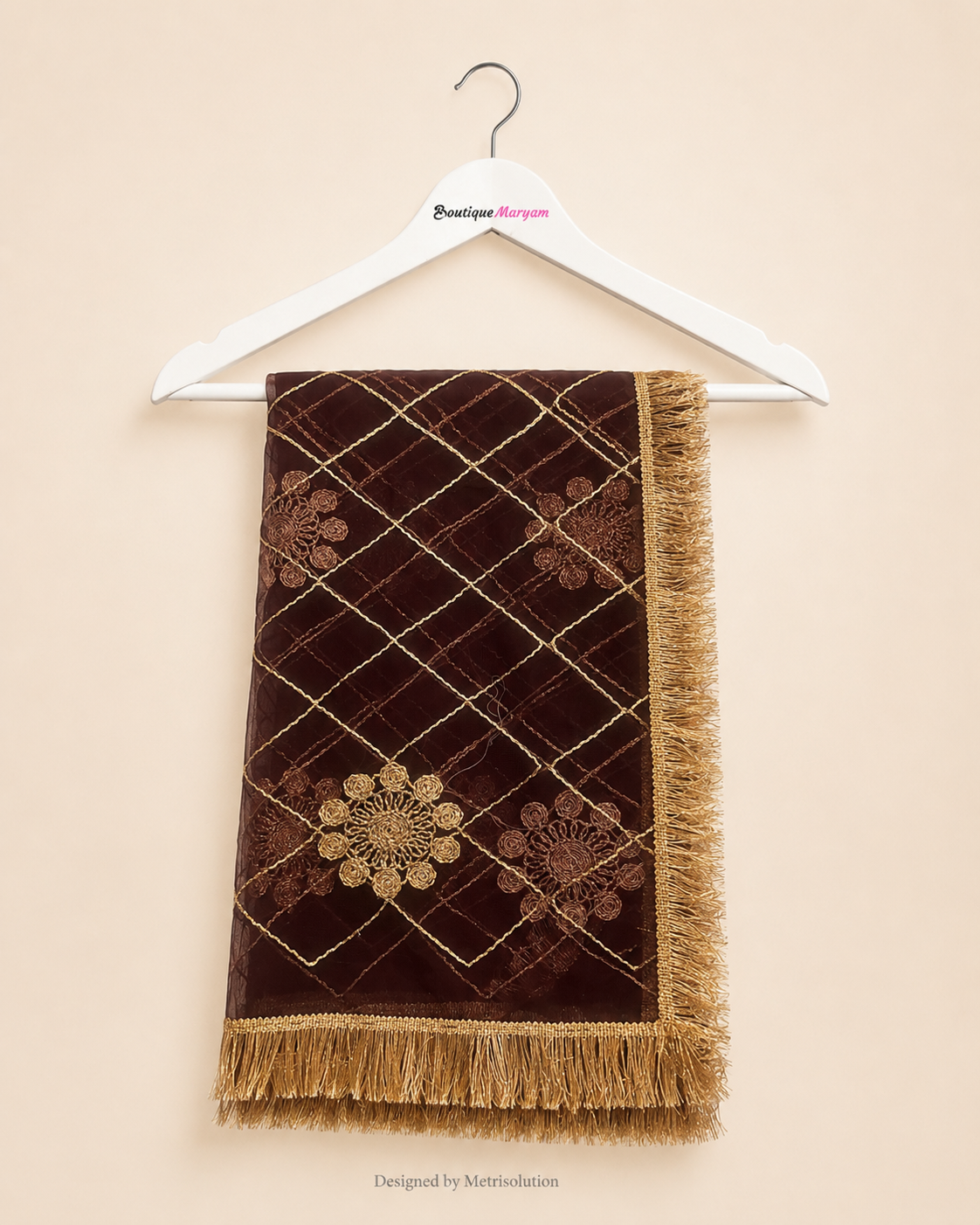 DUP-006 - Chocolate Brown Noor-e-Riwaayat Floral Net Dupatta