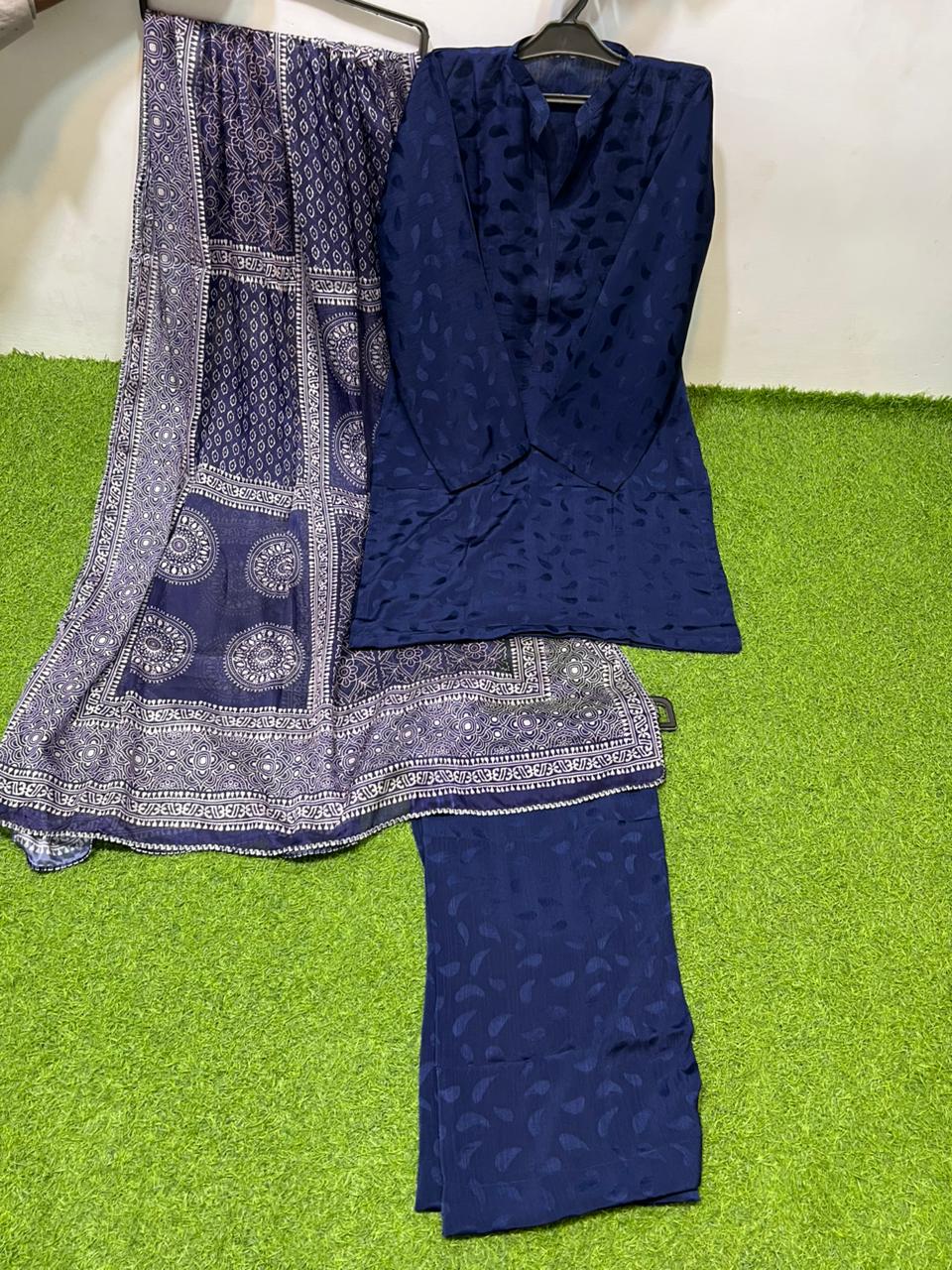 BM-SLK-3PC-001 Navy Blue Silk 3 Piece Suit with Indigo Printed Dupatta