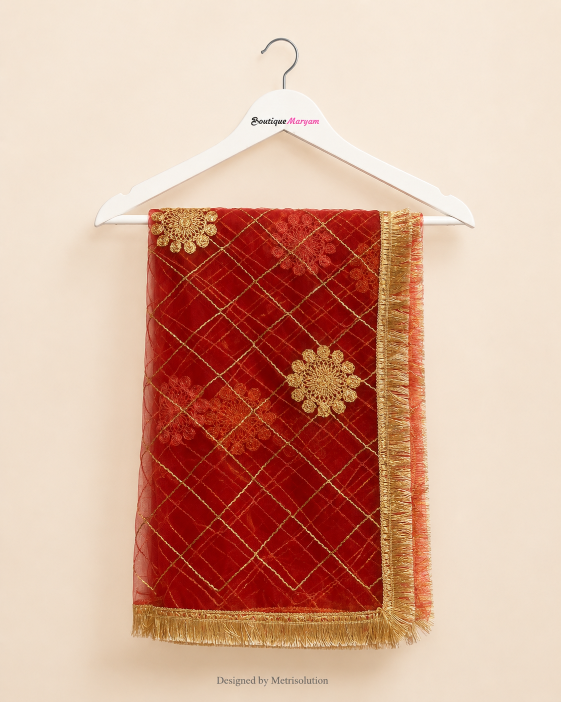 DUP-007 - Tomato Red Noor-e-Riwaayat Floral Net Dupatta