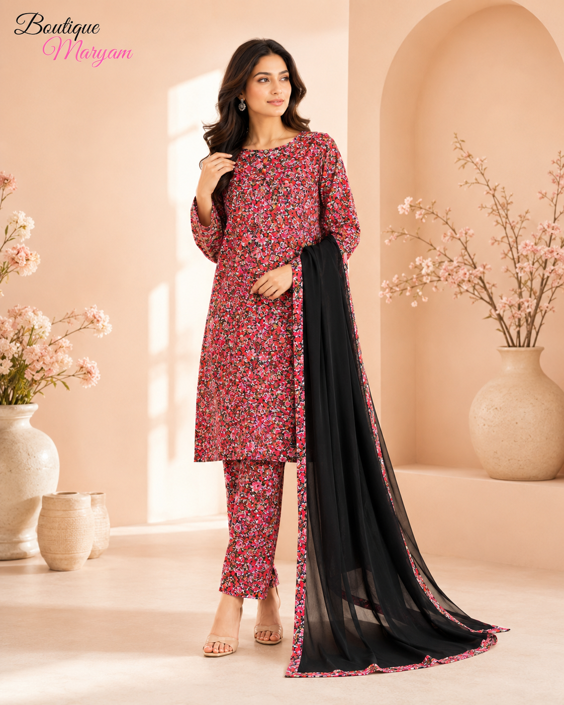 BM-LD-007 Red & Black Linen Trouser Shirt & Chiffon Dupatta - 3 Piece