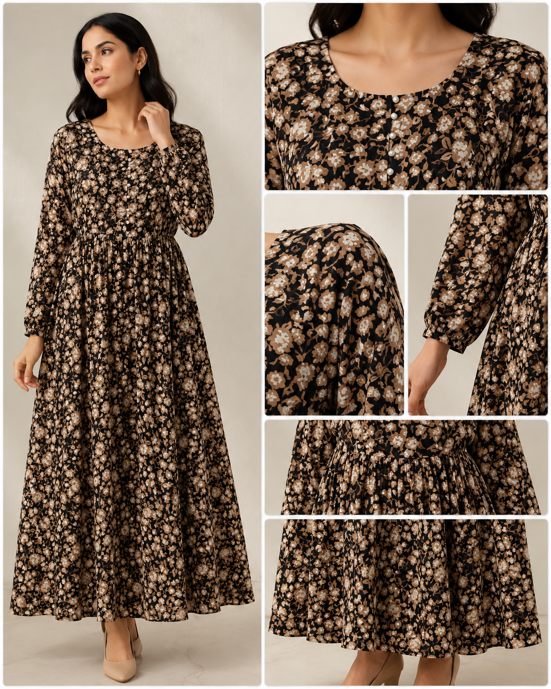 BLM-001 | Boski Linen Black Beige | Maxi Flairy Dress
