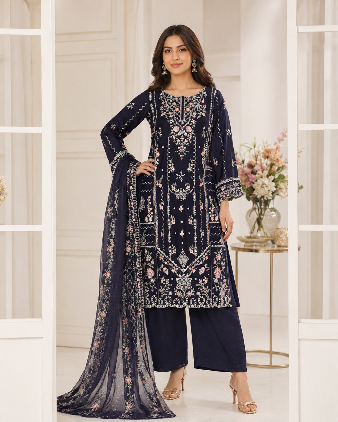 BSL-007 Bin Saeed Luxury Embroidered 3PC Suit - Navy Blue