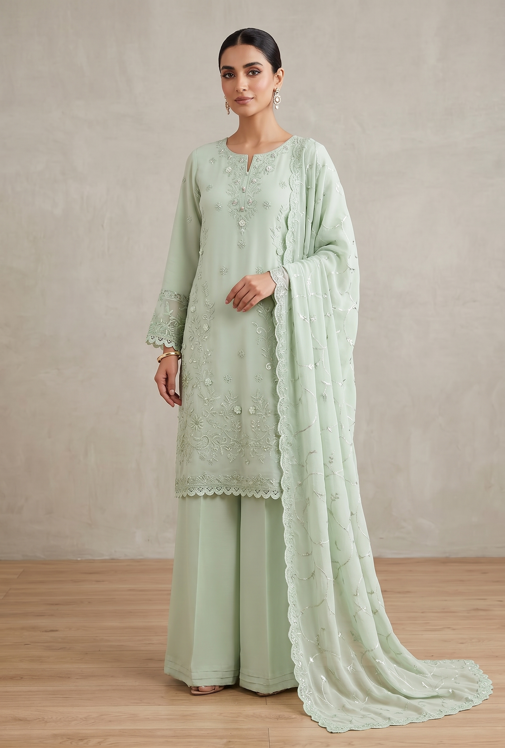 PEC-01 Premium Embroidered Chiffon Ensemble – Exquisite Thread Work & Hand-Placed Embellishments