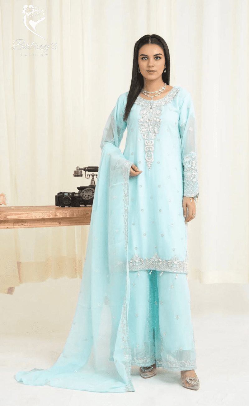 Embroidered Chiffon Gharara Suit Set image 3
