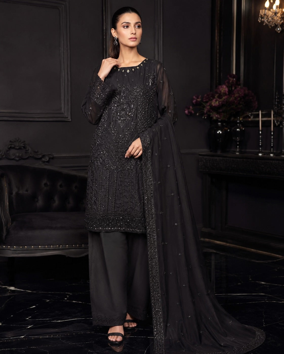 BM-CH-007 - Black - Sequin Handwork Embroidered Chiffon 3 Piece Suit