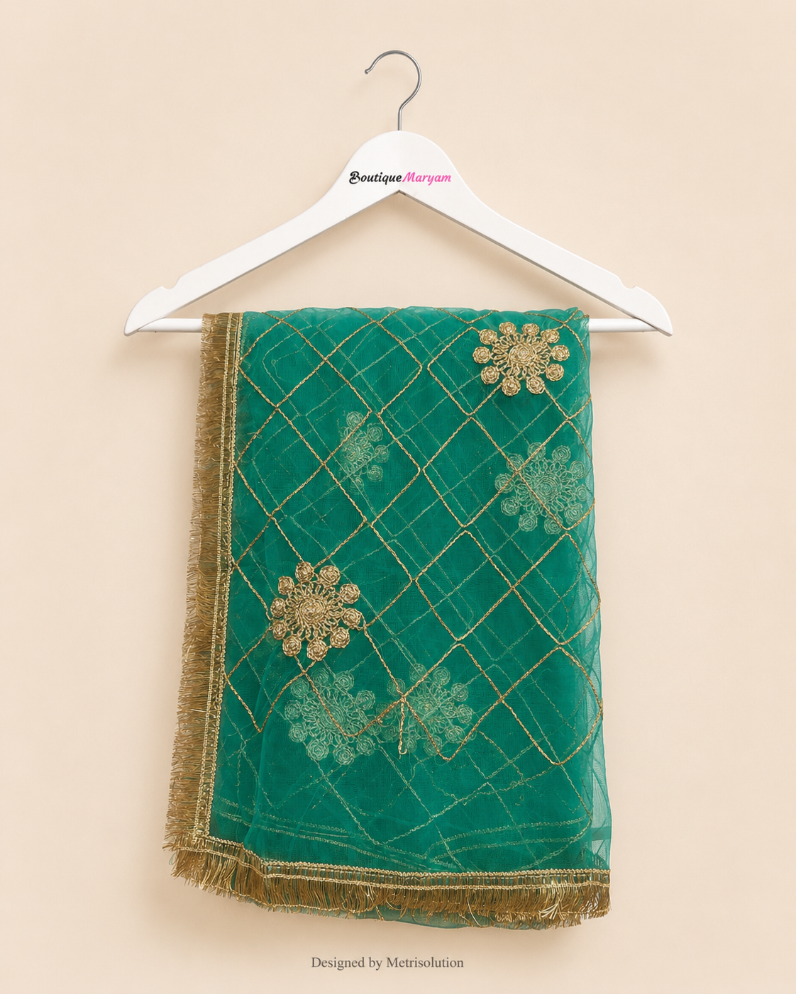 DUP-008 - Teal Green Noor-e-Riwaayat Floral Net Dupatta